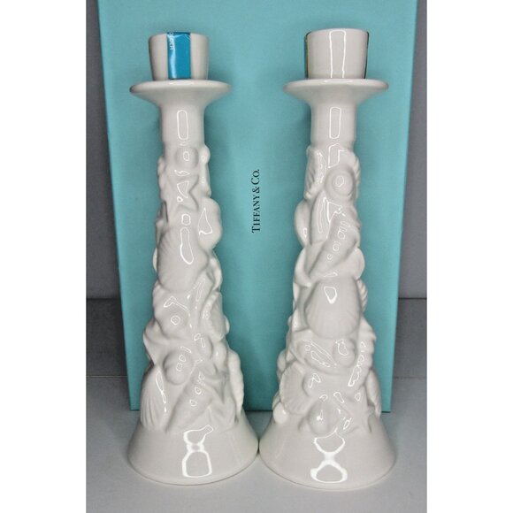 Tiffany & Co. Pair of Este Ceramiche Seashell Candlesticks White Made in Italy - Picture 3 of 13